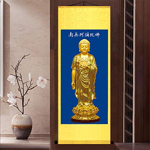 Zzooi Asian Elegant Buddhist Art Chinese Style Buddha Portrait Namo Amitabha Wall Art Hanging Silk Painting,Amituofo Chant 39"L x 17.7"W