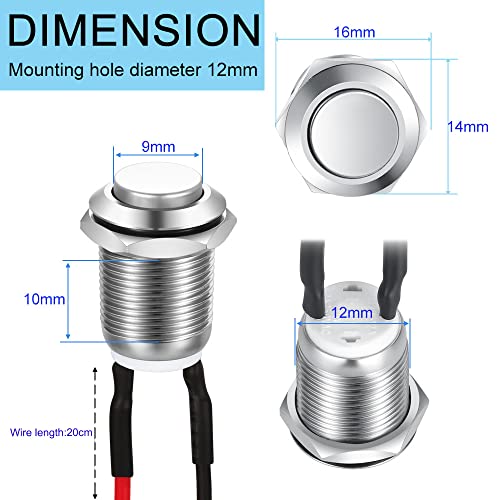 Gebildet 3 x Waterproof Push Button Locking Push Button Stainless Steel Button On Off 12 mm 2A/12V/24V/125V/250V with Wire (Protruding) 12mm Silver Protruding Head