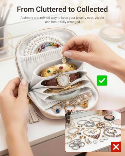 Small Travel Jewelry Case - Soft Vegan Leather Jewelry Organizer Storage Bag for Necklaces, Bracelets, Rings - Compact Jewelry Porch Travel Essentials for Women, Cream White 2 Pack