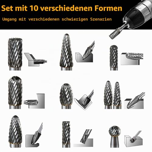 Carbide Milling Cutter Set, 10 Pieces Double Cut with 6mm Shank Rotary Cutter Bits Rasp Set for Wood, Steel, Metal, Polishing, Engraving and Drilling | Double Cut Rotary Cutter Bits Rasp Set for Wood, Steel, Metal, Polishing, Engraving and Drilling