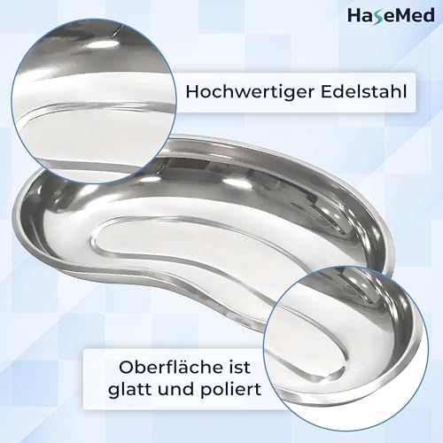 HaseMed Stainless Steel Kidney Bowl, 1 Piece, 250 x 130 x 30 mm, 600 ml, Shiny Silver, Rustproof, Autoclavable & Reusable, Instrument, Surgical & Hygiene Bowl for Clinic & Practice