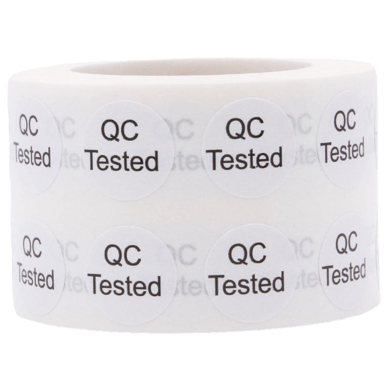 Quality Control QC Tested Stickers – 1/2 Inch Round Adhesive Labels, 1000 Total Stickers Per Roll, White with Black Text for Product Inspection, Packaging, and Manufacturing – Made in the USA 1/2" Circle