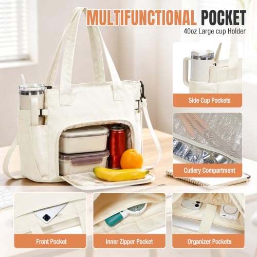 coowoz Lunch Tote Bag for Women,15.6 Inch Work Bag with Lunch Compartment Beige