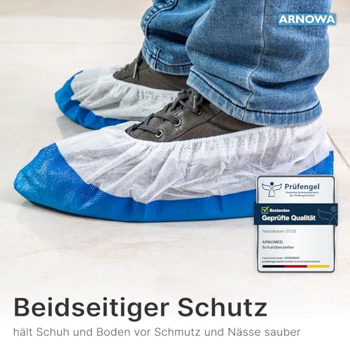 50 x Arnomed CPE + PP Disposable Shoe Covers 9 g Premium | Rutschfeste Überzieher Schuhe Weiß/Blau, Schuhschutz Überzug bis Gr 47, Maße: 17x40cm, robuste Überschuhe für die Baustelle 050pcs