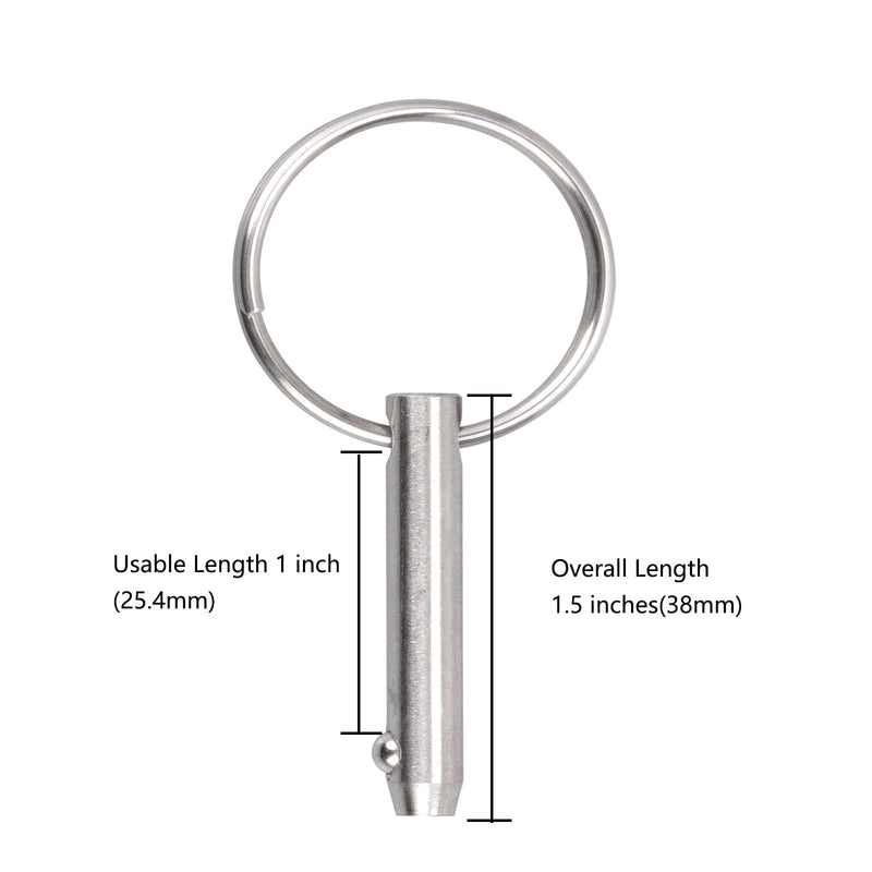 8 PCS Quick Release Pins Bimini Top Pins, Diameter 1/4"(6.3mm), Overall Length 1.5"(38mm), Usable Length 1"(25.4mm), Marine 316 Stainless Steel 8 Pieces