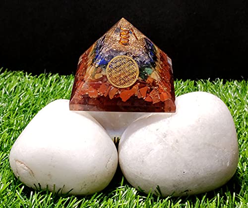 Seven Chakra Orgone Crystal Pyramid with Flower of Life Symbol for Reiki Healing, Chakra Balancing, Aura Cleansing, Energy Generator, Yoga Meditation Size: 60-70 MM