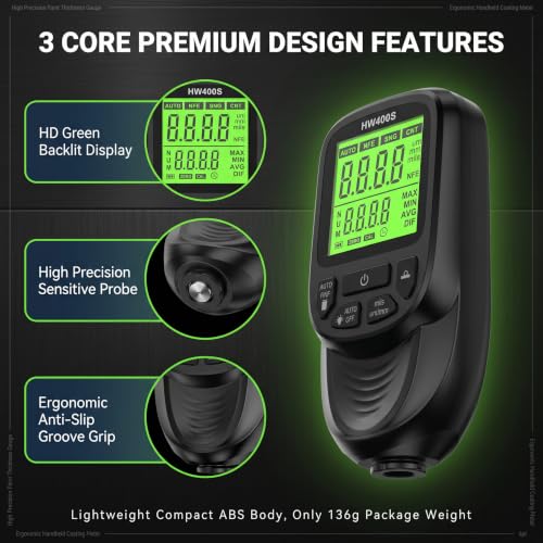 RUHARVOR coating thickness gauge with backlit LCD for automotive paint measurement, 0–2000μm range