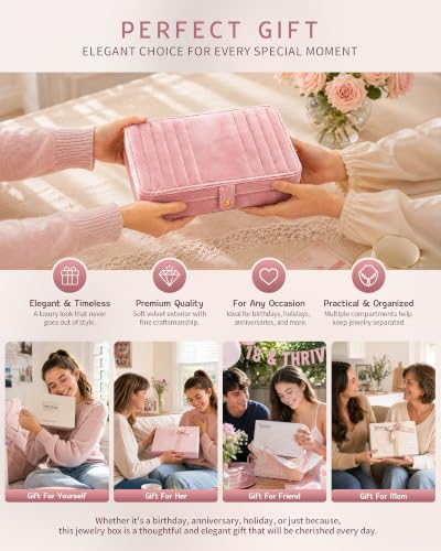 VELORIA Travel Jewelry Organizer with Hidden Compartment, Rose Pink Velvet