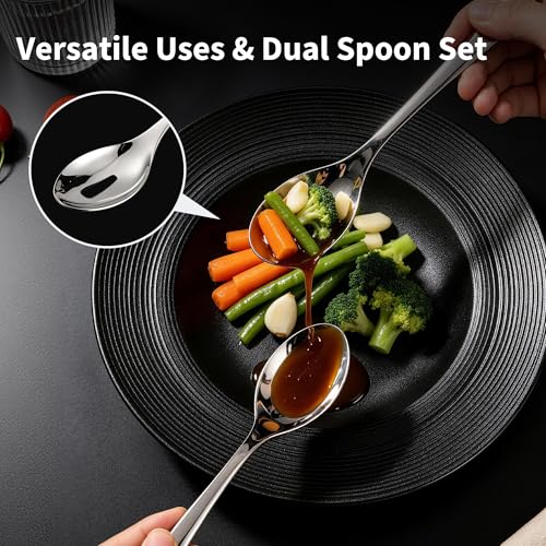 Silvery Serving Spoons Set, 2 Pieces Stainless Steel Slotted & Solid Serving Spoons, Mirror Polished Silvery Plated Serving Utensils for Buffet, Catering, Party, Wedding, Dishwasher Safe