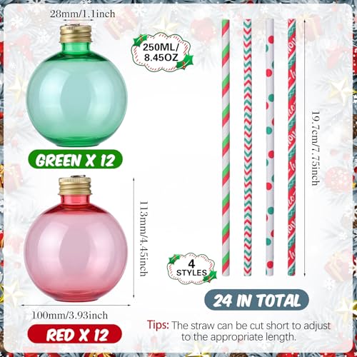 Potchen 24-pack Christmas ornament cups with straws, in festive red and green, 250 ml capacity for holiday celebrations.