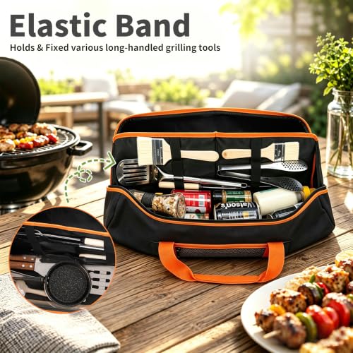 Wigojoy 22-inch black BBQ grill tool storage bag with inner divider, shown closed