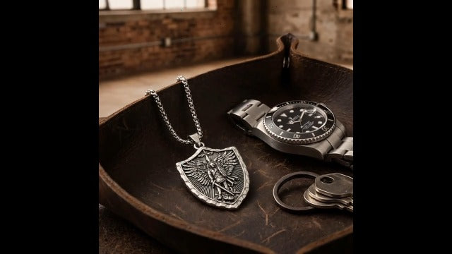 Stainless Steel St. Michael Shield Pendant Necklace for Men - 23.6Inches (60 cm), Antique-Finish Archangel Michael Protection Amulet, Religious Gift for First Responders