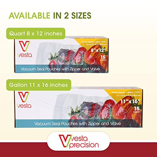 Zipper Vacuum Seal Pouches by Vesta Precision - Clear and Flat Vacuum Sealer Bags with Zipper and Valve - Designed for Handheld Vacuum Sealers - 15 Vacuum Bags per Box (28x40 cm) 11 x 16 inches