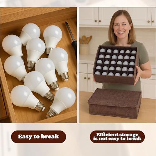 2 Pcs Light Bulb Organizer Storage Box Ornament Storage with 30 Dividers Foldable Bulbs Organizer with Lid Sturdy PP Board Fits Various Standard Dustproof Fabric Case for Home Vbs (Coffee) Coffee 2