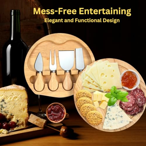 8" Round Wood Cheese Board Set with 4 Stainless Steel Knives & Hidden Drawer - Small Charcuterie Board with Juice Groove for Entertaining, Gifts, Picnics & Travel