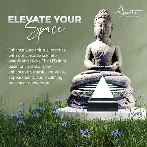 2-Inch Selenite Pyramid w/Mirror Top Lighted Base - Positive Energy Pyramid with LED Light Base - Healing Pyramid Crystal for Meditation and Reiki - Stone Pyramid w/Glass Lighted Platform