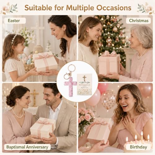 4 PCS First Holy Communion Gifts for Girls, Hand-Knitting Cross Keyring with Baptism Card, Christian Gifts for Christian Believers