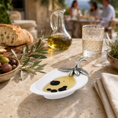 Vagabond House Olive Oil Server and Spoon Rest with Pewter Olive Branch Accent - Elegant Porcelain Kitchen Accessory - 4.5" L x 2.5" W