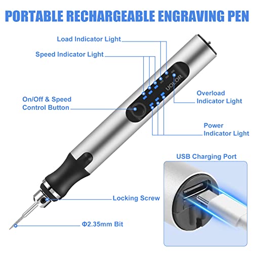 Uolor Electric Engraving Tool Kit, USB Cordless Rechargeable Engraving Pen Mini DIY Engraver Pen Rotary Tool for Carving Wood Metal Stone Plastic Jewelry Glass Etching Cordless USB Rechargeable Engraving Tool Kit