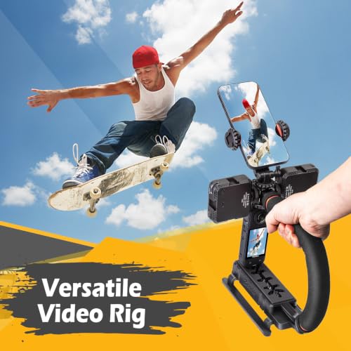 Zeadio Video Handheld Stabilizer, Triple Cold-Shoe Handle Grip with Smartphone Holder、360° Ball Head Mount, Compatible with All Camera Sport Camera DSLR Smartphone