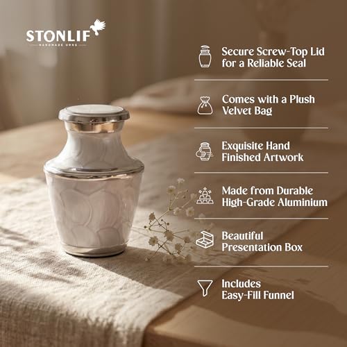 Mini Aluminum Cremation Urn for Human Ashes, 3 Cubic Inch Keepsake Size, Lacquered White Finish, Threaded Lid, Felted Base, Velvet Bag and Funnel Included Keepsake (3 Cu In)