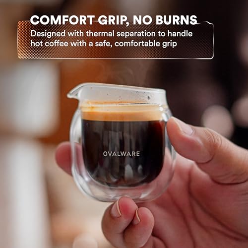 ovalware Espresso Pouring Glass Set of 2 | Double-Wall 2.7oz/80ml Shot Measuring Cup | Heat Protective Comfort | Oval Measurement Dots for Ristretto and Espresso | Drip-Free Precision Spout
