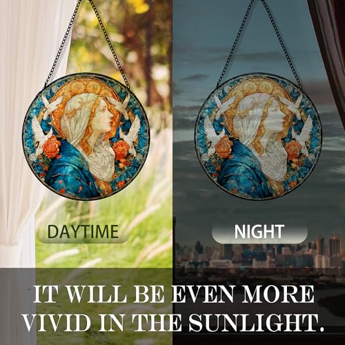Christian Virgin Mary Suncatcher Garden Stained Glass Window Hanging, Our Lady of Grace Sun Catchers Indoor Window Glass Round Wall Decor, Religious Wall Art Hanging Decorations, ＂7.8x7.8＂