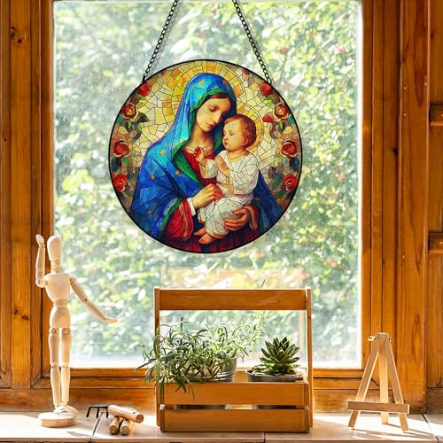 Virgin Mary Suncatcher Stained Glass Window Hanging, Religious Sun Catchers Indoor Window Glass Round Wall Decor, Spiritual Wall Art Hanging Decorations, 7.8＂x7.8＂ Virgin Mary