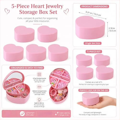 Cabilock 5PCS Heart Shape Double Layer Jewelry Box with Mirror, Portable Jewelry Organizer Case for Earrings Rings Necklaces, Pink