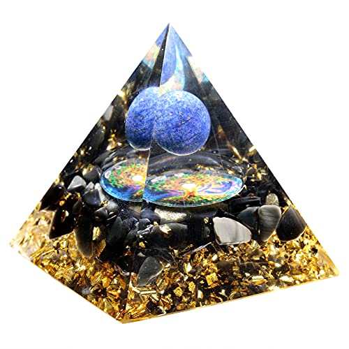 mookaitedecor Lapis Lazuli Crystal Sphere Orgone Pyramid with Obsidian Tumbled Stones and Tree of Life Symbol Ornament for Protection Meditation Home Decor Blue-1