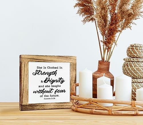 Bible Verse Proverbs 31:25 Box Sign, She is Clothed in Strength & Dignity and She Laughs without Fear of the Future, Wooden Plaque Gift Tabletop, Positive Sign, Christian Desk Decor Gift, Home Decor