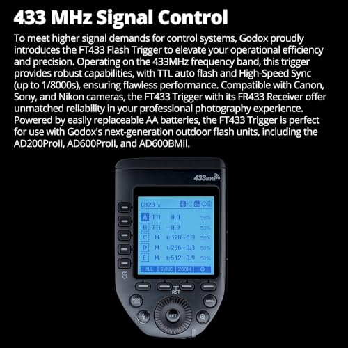 Godox FT433 C TTL Wireless Flash Trigger for Canon, 433MHz, HSS 1/8000s, 100m Range, LCD, 32 Ch, 1-99 ID, Front/Rear Curtain Sync, Bluetooth App Control, TCM, Single-Contact Rapid-Fire
