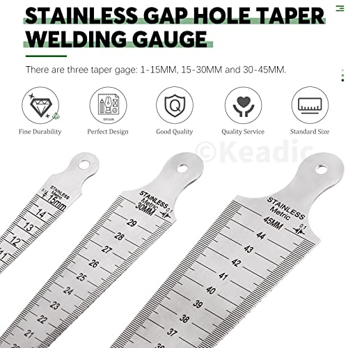 Keadic 3-piece stainless welding taper gauge set with 1-45mm feeler gage rulers for gap and hole measurement
