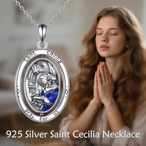 VONALA Saint Cecilia 925 Sterling Silver Necklace Patron Saint Medal Protection Jewelry for Women Birthday Christmas
