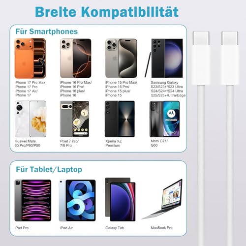 iPhone Charging Cable USB C to USB C Cable 1 m Fast Charging Cable for iPhone 17 Air/16 Pro Max/15 Plus/17E/16E, iPad Pro 10/11th, Google Pixel 9/8, Samsung Galaxy S23/S24, Mobile Phone Charging Cable White