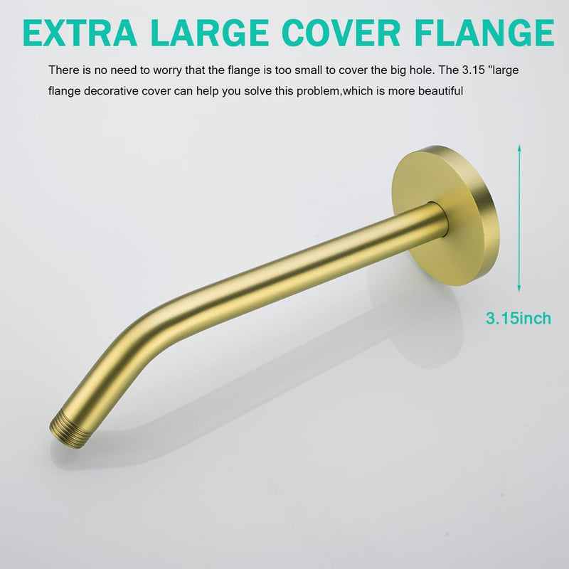 10 Inch Shower Arm with Large Flange,Brushed Gold Wall-Mounted Stainless Steel Shower Pipe Replacement for Fixed and Handheld Shower Heads,SE-RD91018-10BG Round Flange-10″Brushed Gold
