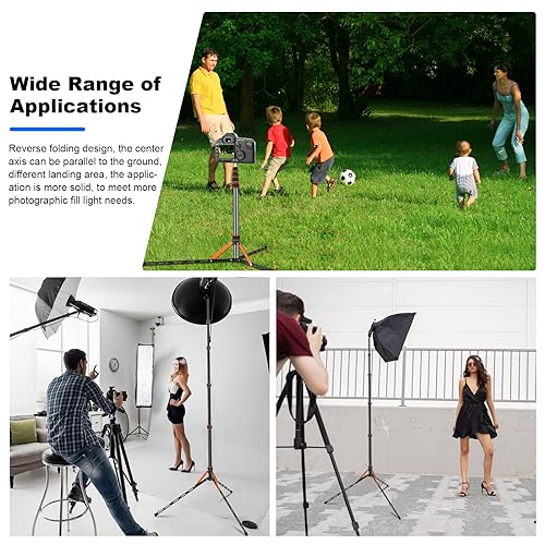 Soopho Portable Photography Light Stand Adjustable 7ft Aluminum Light Tripod Stand with 180° Reversible Leg Reversible Portable Studio Lighting Tripod ，Maximum Height 86.5“/220cm for Flsah Softboxes Gold