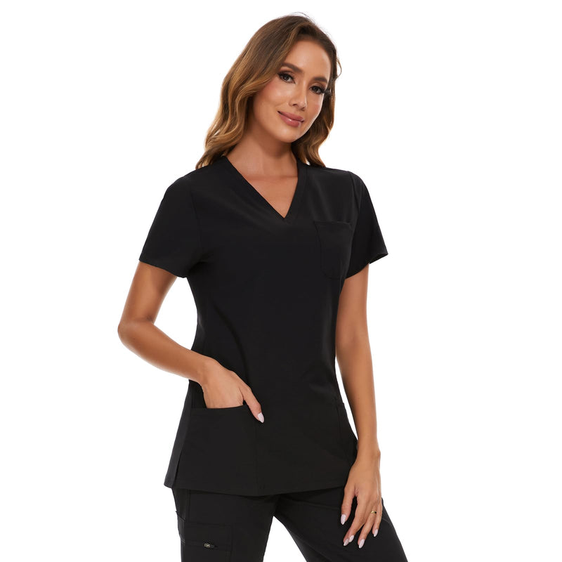 [Australia - AusPower] - Scrub Tops for Woman - Soft Stretch, V-Neck Top Scrubs with 3 Pockets, Easy Care for Women Black Medium 
