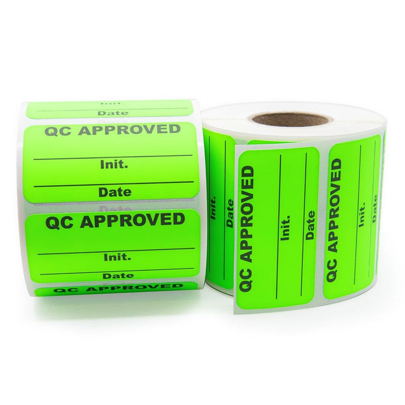 QC Approved Quality Control Labels, 2" x 1", Bright Green, 500 Labels per Roll, Permanent Adhesive for Inspection & Inventory Use