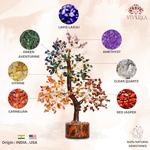 Seven Chakra Tree of Life – Handcrafted Healing Crystal Gemstone for Spiritual Balance, Good Luck, Wealth & Prosperity - Feng Shui Gift for Men Women Friends & Housewarming Office Home Decor 7 Chakra Wooden Base Golden Wire