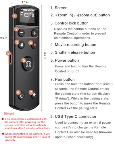 for Fujifilm Camera Remote Control, Hanpusen Rechargeable Wireless Shutter Release with OLED Screen for Fujifilm X100 VI/X-M5/X-T30 II/X-E5/X-T5/X half/X-H2S/X-T30/X-T4/X-T3/X-S20/X-S10/X-T50/X-H2
