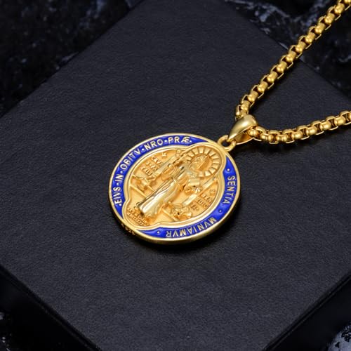 925 Sterling Silver St Michael/St Christopher Oval Round Medal Archangel Cross Necklace with 22”+2” Chain E02-Saint Benedict (Gold)