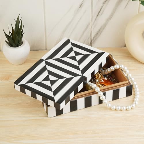 Black and White Earring Necklace Jewelry Organizer Geometric Pattern Box Collection Storage Decorative Multipurpose Keepsake Gift Box (8x5x2 inches) Black and White 8x5x2 Inches