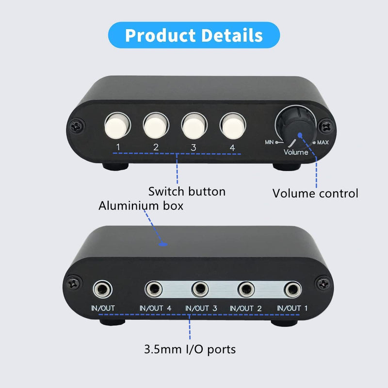 [Australia - AusPower] - 4-Way 3.5mm Stereo Audio Switch Input Signal Source Switcher Selector Splitter Box with line Volume Controller (4 in 1 Out / 1 in 4 Out) -MC41 4-port 3.5mm Switch with volume 