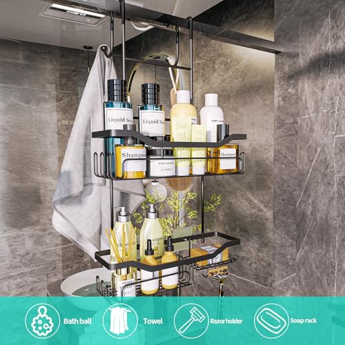 HapiRm Hanging Shower Caddy Over the Door with Soap Holder, No Drilling Adhesive Shower Organizer with 11 Hooks, Rustproof & Waterproof 304 Stainless Steel Bathroom Shelves - Black A-Black 2-tier
