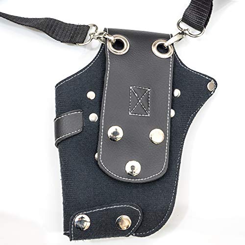 Ikas black PU leather scissor holster with waist and shoulder belt for hairdressers, barbers, and pet groomers