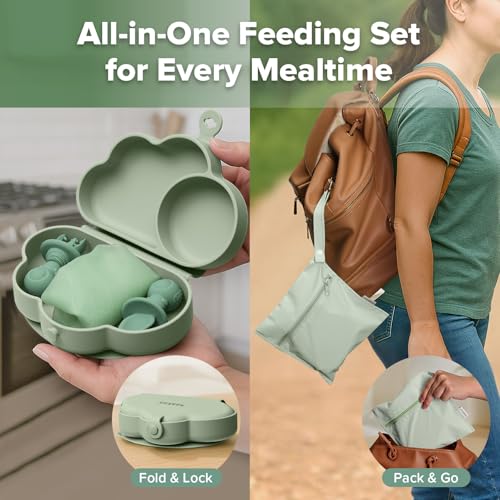 Haakaa silicone baby travel feeding set with foldable suction plate and flatware for infants 6 months and older.