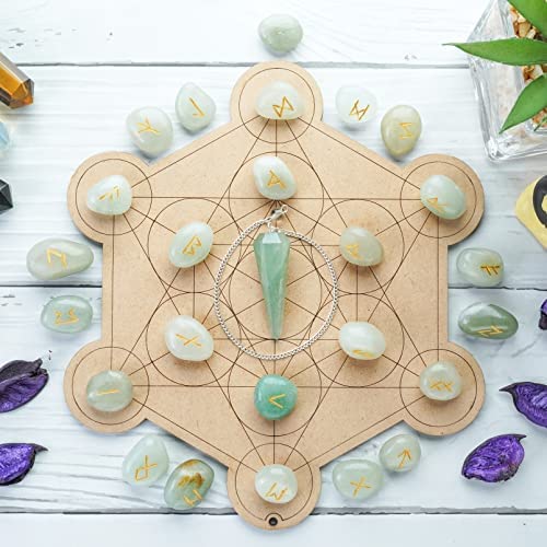 Crocon Green Jade Rune Set 25 Pcs with Elder Futhark Alphabets 1 Pendulum #009 Green Jade Rune + Pendulum