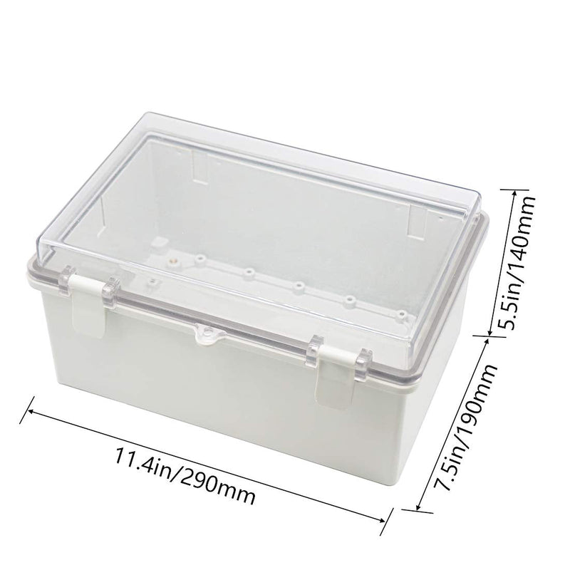 Zulkit Junction Box ABS Plastic Dustproof Waterproof IP65 Electrical Boxes Hinged Shell Outdoor Universal Project Enclosure Clear Cover with 2 Cable Glands 11.4 x 7.5 x 5.5 inch(290x190x140mm) 11.42" x 7.48" x 5.51"