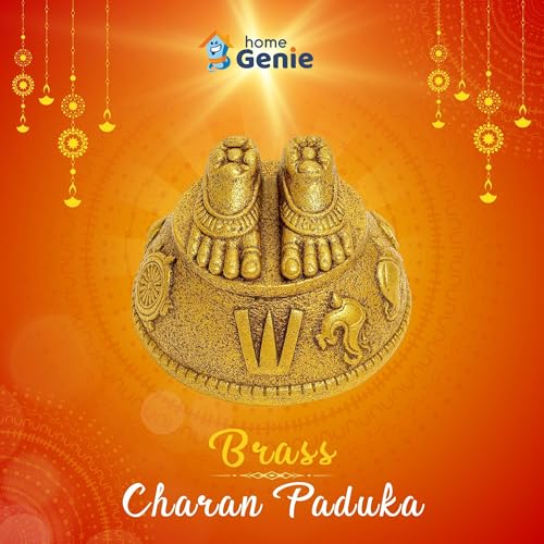 HOME GENIE Brass Finish Charan Paduka | Miniature Holy Feet Idol for Pooja, Car Dashboard, Home Mandir, Gift for Devotees | 3.8x3.8x2 cm | Lightweight 34g Spiritual Decor